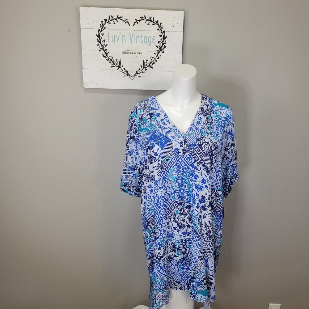 Natori Blue White Teal Abstract Print V Neck Sleep‎ Shirt Loungewear Size M